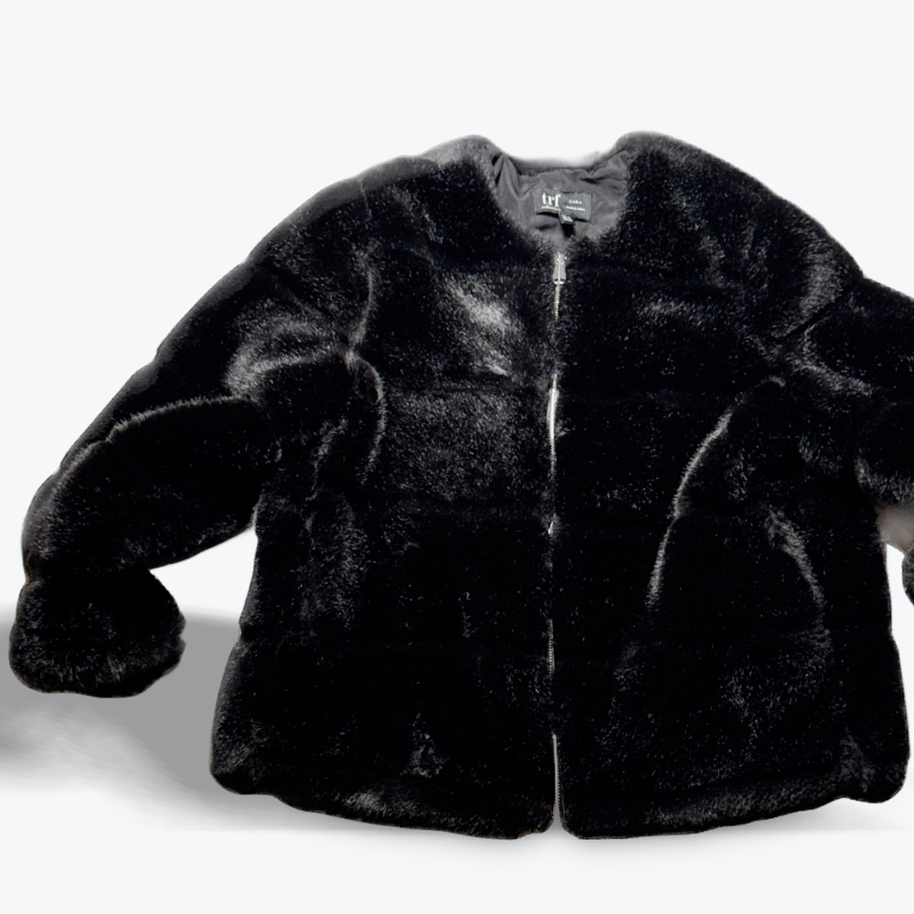 Zara TRF Black Faux Fur Zip Front Jacket Coat Collarless XS 1255/243/800/XS